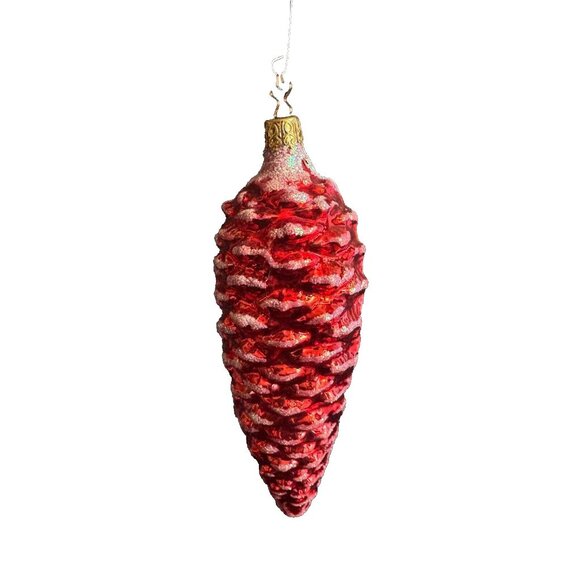 Inge Glass Large Red Blown Glass Glittered Pine Cone Christmas Ornament 6.5" Han - Picture 1 of 6